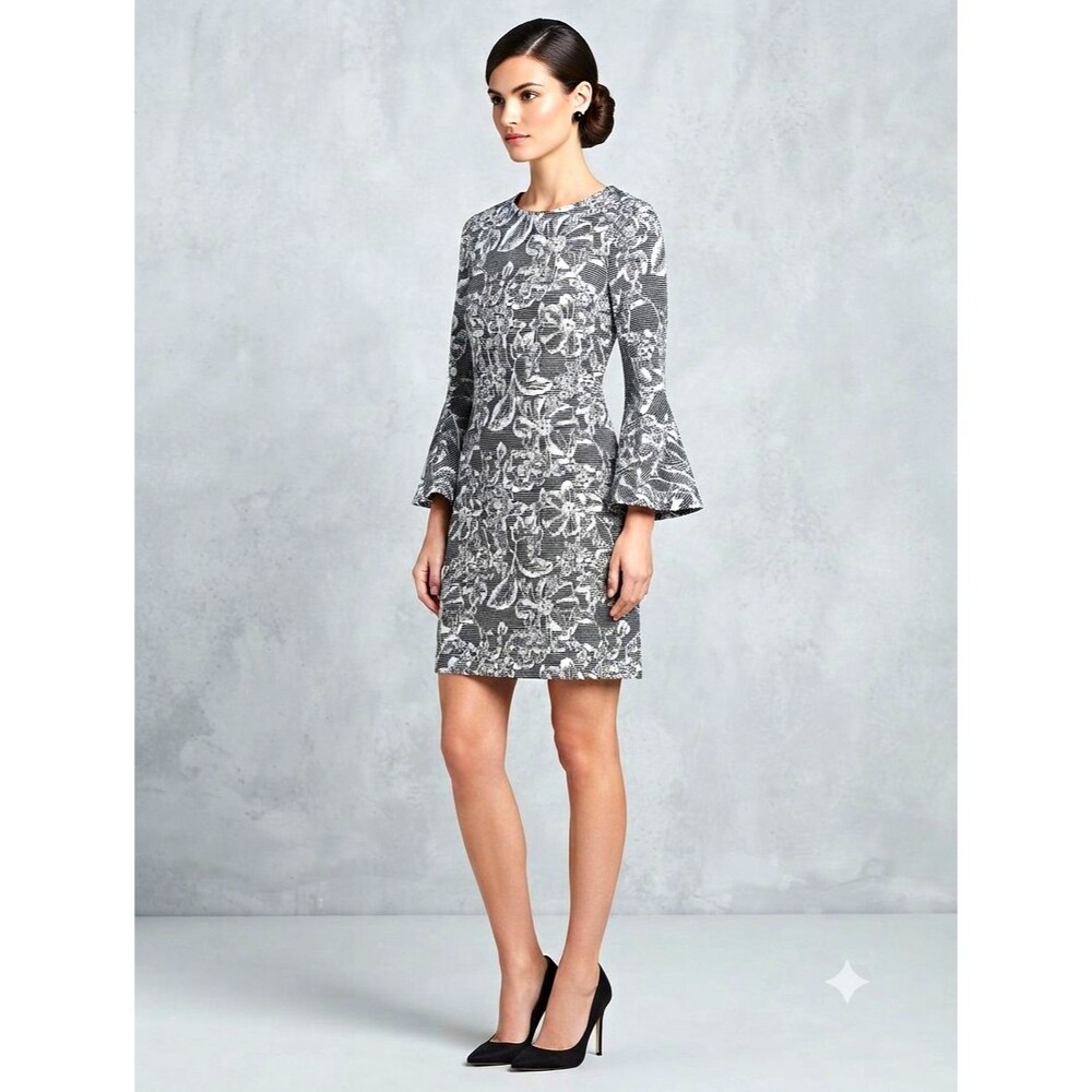 Tommy Hilfiger Textured Black And White Floral Shift Dress With Bell Sleeves